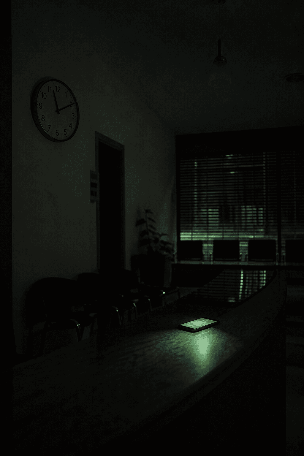 Recepción de una clínica cerrada de noche, con las luces bajas